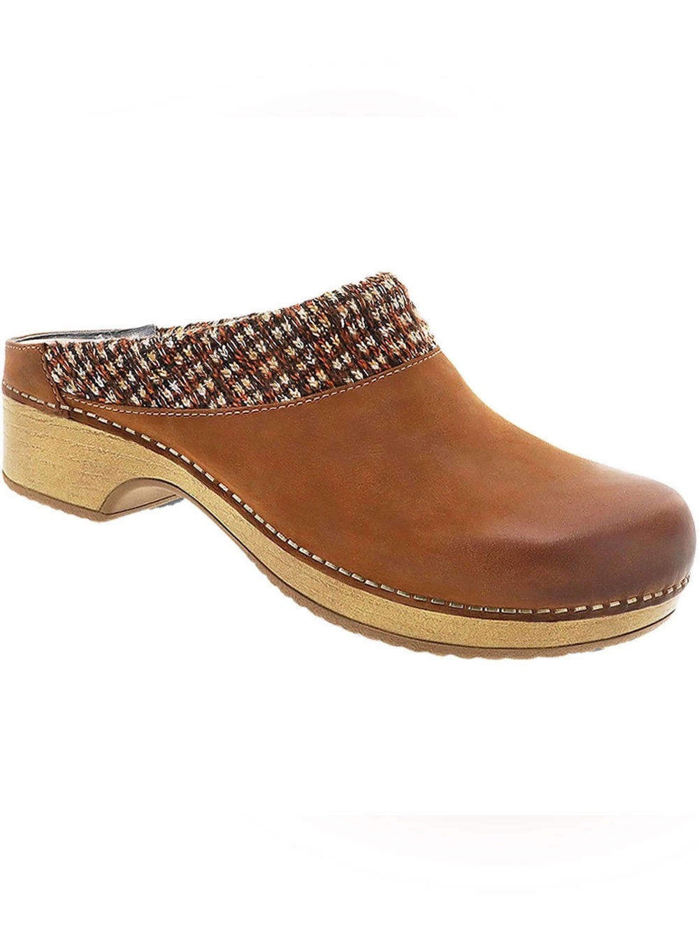 Dansko Bev Burnished Nubuck Clogs Sz  EU 40 US 9.5 Tan Leather Upper Knit Collar